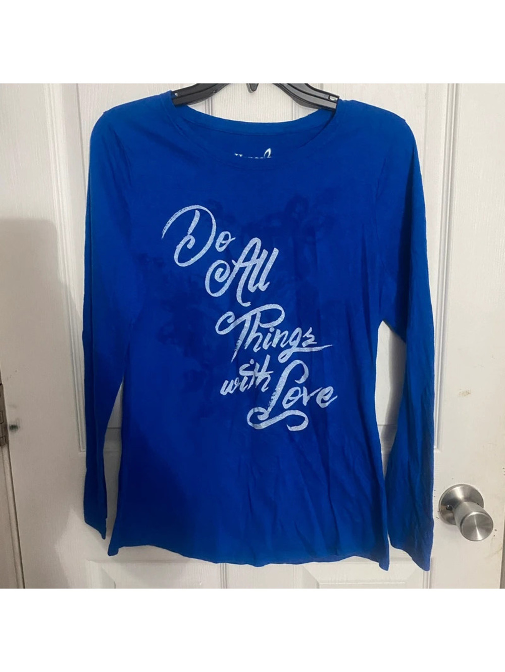 Blue Do All Things With Love Graphic Long Sleeve Shirt Size M